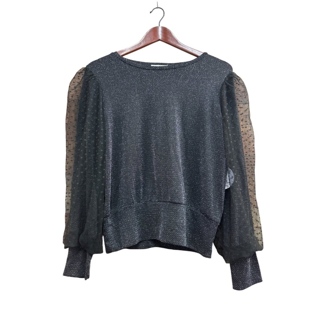 Jolie & Joy Black Glitter Long Sleeve Top With Sheer Polka Dot Balloon Sleeves X